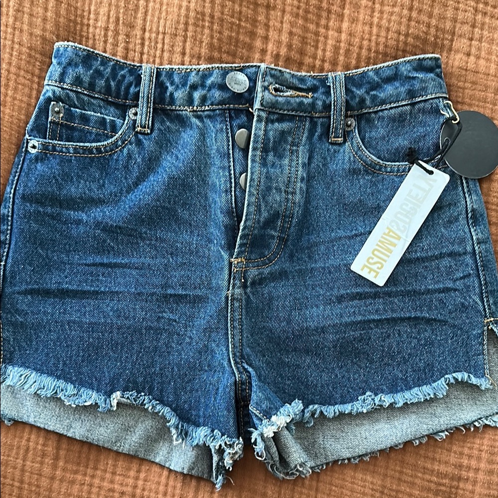 Amuse Society Blue Jean Shorts High-Waisted Frayed Hem